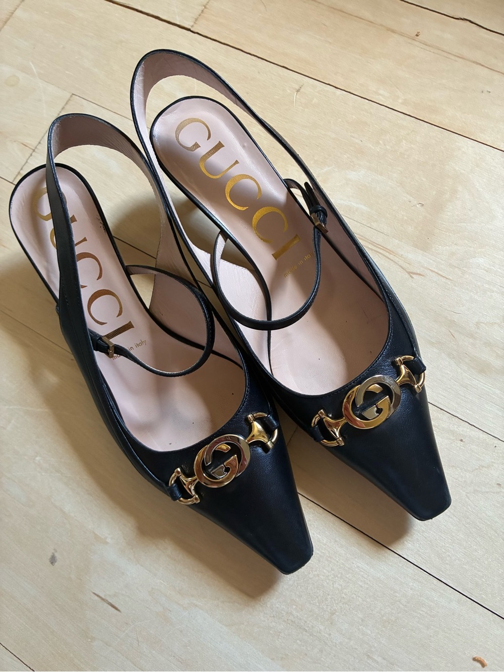 Gucci Black Leather Slingback Mules with Gold Double G Buckle